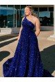 Shop A-Line One Shoulder Sleeveless Long Sweep Train Velvet Sequin Evening Dress with Pockets