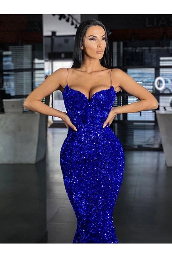 Shop Mermaid Spaghetti Straps Sleeveless Long Sweep Train Velvet Sequin Evening Dress