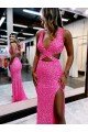 Shop Long V-Neck Sleeveless Sweep Train Velvet Sequin Evening Dress with High Slit