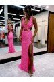 Shop Long V-Neck Sleeveless Sweep Train Velvet Sequin Evening Dress with High Slit
