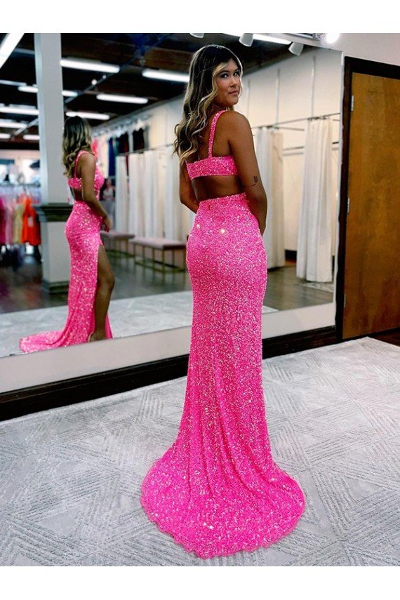 Shop Long V-Neck Sleeveless Sweep Train Velvet Sequin Evening Dress with High Slit