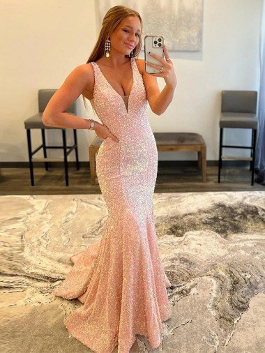 Shop Deep V-Neck Sleeveless Long Low Back Velvet Sequin Evening Dress