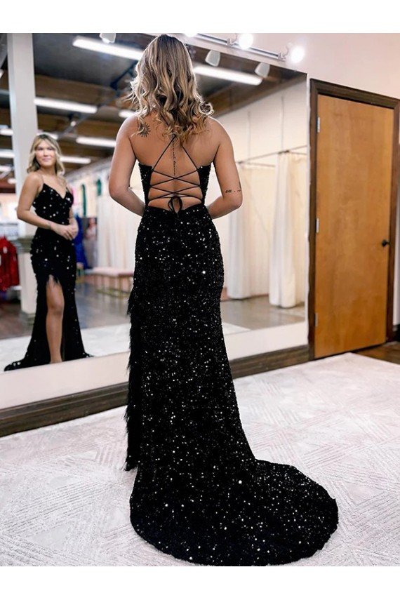 Shop V-Neck Sleeveless Long Velvet Sequin Royal Blue Evening Dress with Side Slit