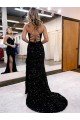 Shop V-Neck Sleeveless Long Velvet Sequin Royal Blue Evening Dress with Side Slit