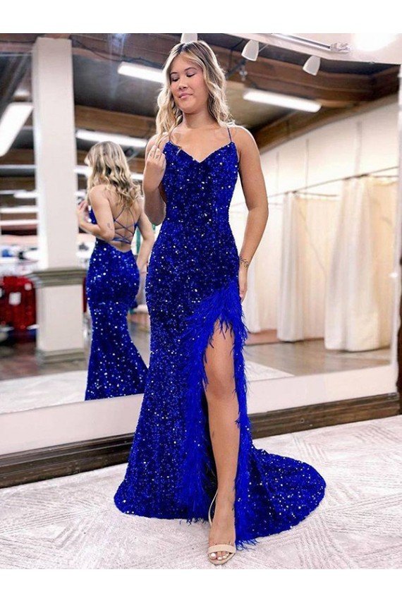 Shop V-Neck Sleeveless Long Velvet Sequin Royal Blue Evening Dress with Side Slit