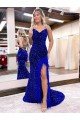 Shop V-Neck Sleeveless Long Velvet Sequin Royal Blue Evening Dress with Side Slit