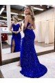 Shop V-Neck Sleeveless Long Velvet Sequin Royal Blue Evening Dress with Side Slit