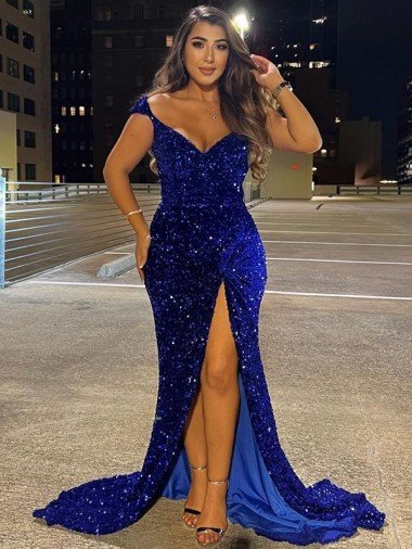 Shop V-Neck Sleeveless Long Sweep Train Velvet Sequin Evening Dress with Slit