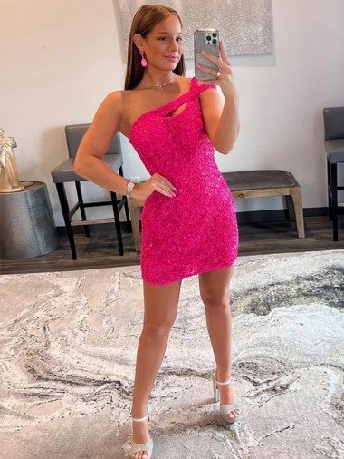 Shop Velvet Sequin One Shoulder Sleeveless Short Evening Dress