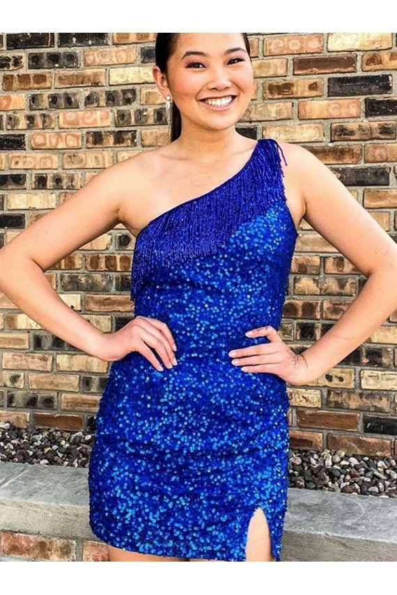 Shop One Shoulder Sleeveless Short Velvet Sequin Royal Blue Evening Dress