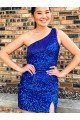 Shop One Shoulder Sleeveless Short Velvet Sequin Royal Blue Evening Dress