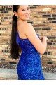 Shop One Shoulder Sleeveless Short Velvet Sequin Royal Blue Evening Dress