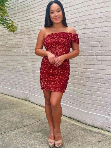 Shop Short One Shoulder Sleeveless Velvet Sequin Cocktail Evening Dress