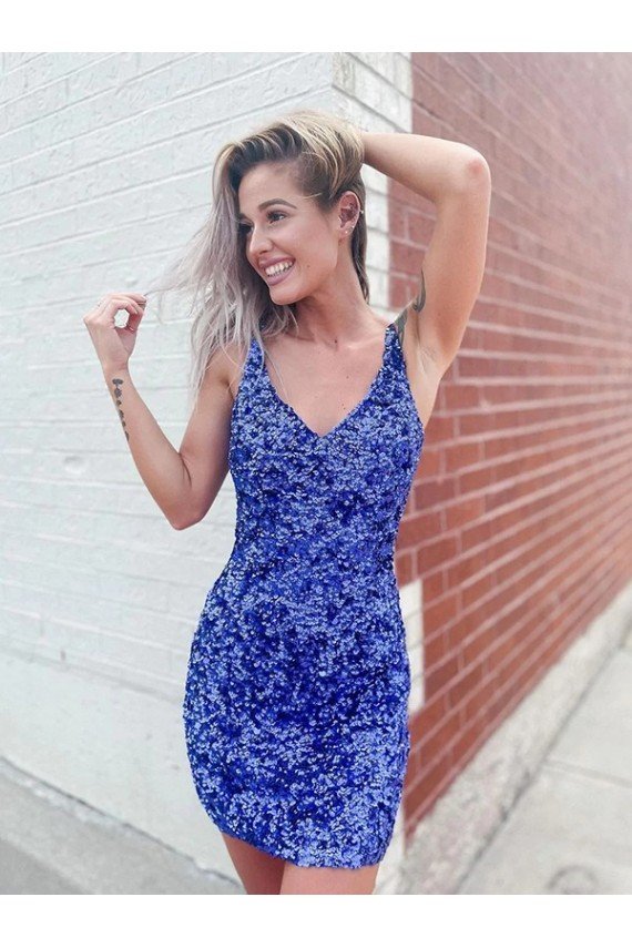 Shop Short Velvet Sequin V-Neck Sleeveless Evening Dress