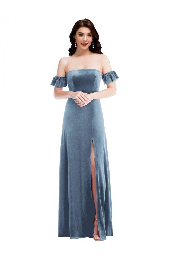 Shop Ruffle Sleeve Off the Shoulder Velvet Evening Maxi Dress