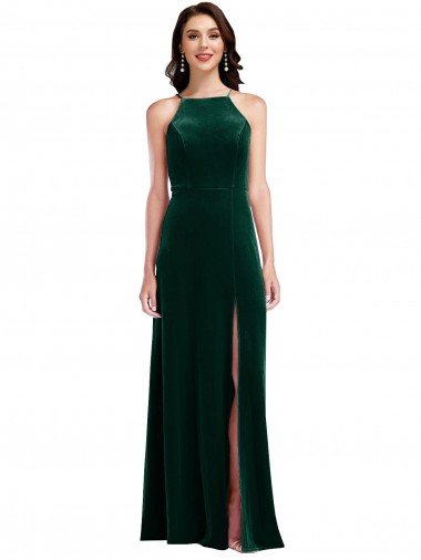 Shop Velvet Halter Evening Maxi Dress with Front Slit