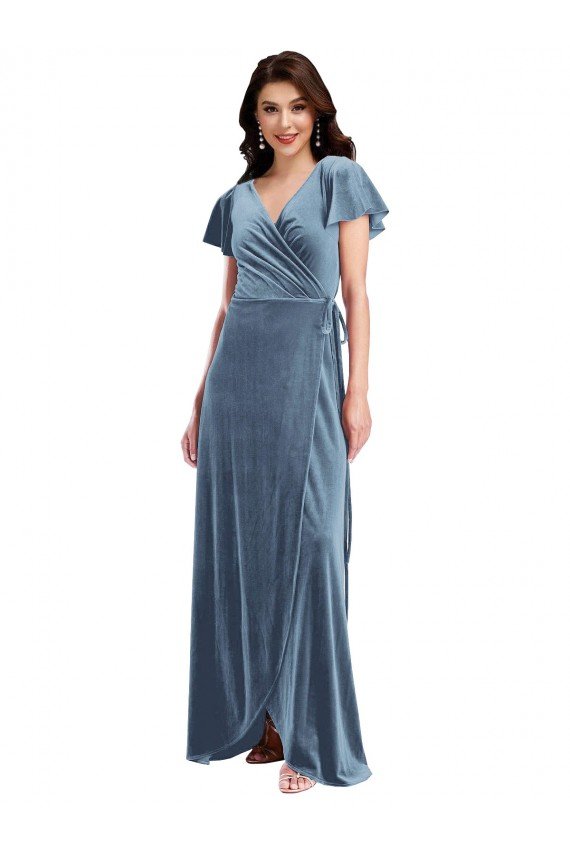 Shop Flutter Sleeve Velvet Wrap Evening Maxi Dress with Pockets