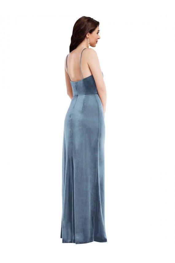 Shop Spaghetti Strap Velvet Evening Maxi Dress with Draped Skirt