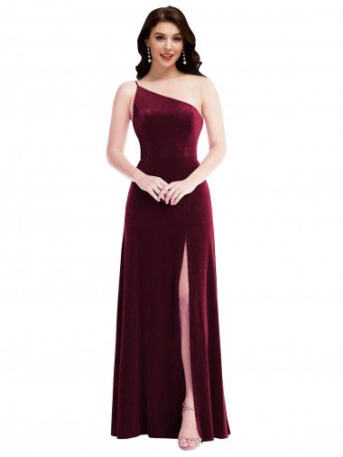 Shop One Shoulder Spaghetti Strap Velvet Evening Maxi Dress with Pockets