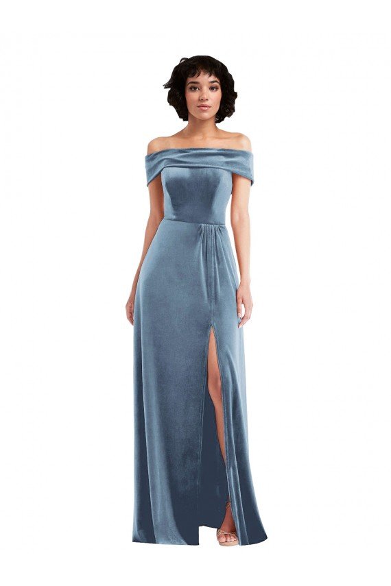 Shop Draped Cuff Off the Shoulder Velvet Evening Maxi Dress with Pockets