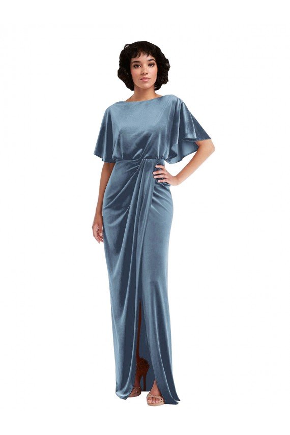 Shop Flutter Sleeve Open Back Velvet Evening Maxi Dress with Draped Wrap Skirt