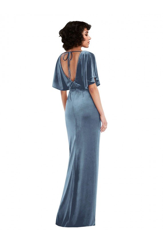Shop Flutter Sleeve Open Back Velvet Evening Maxi Dress with Draped Wrap Skirt