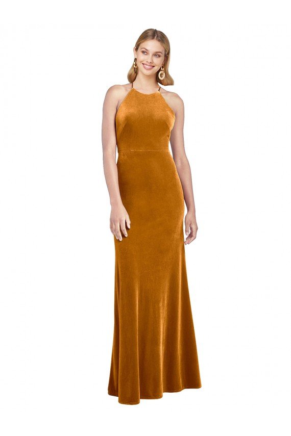 Shop Halter Neckline Long Full Length Velvet Evening Dress with Strappy Back