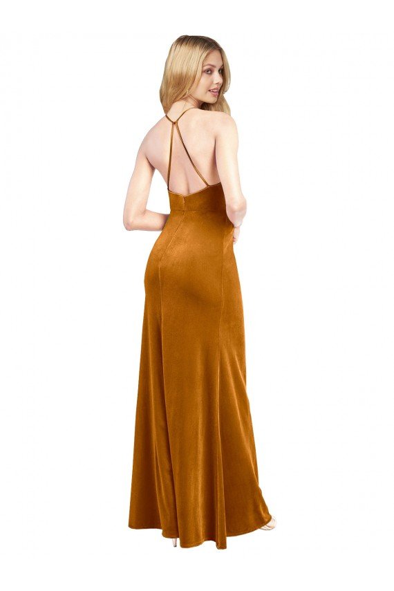 Shop Halter Neckline Long Full Length Velvet Evening Dress with Strappy Back
