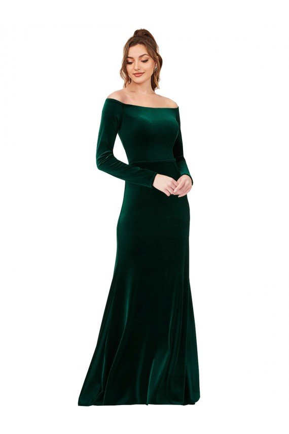 Shop Off the Shoulder Long Sleeves Stretch Velvet Evening Dress