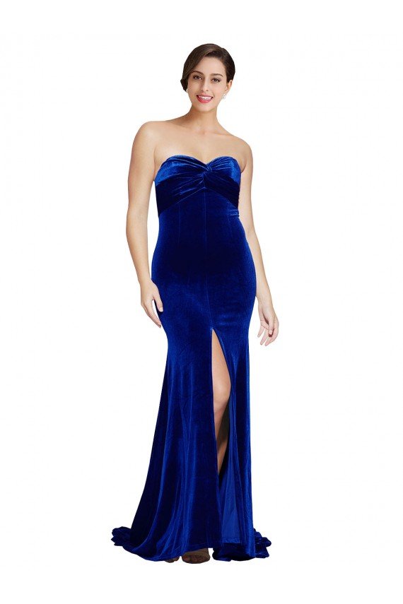 Shop Strapless Ruched Velvet Evening Dress with Sweep Train and Front Slit
