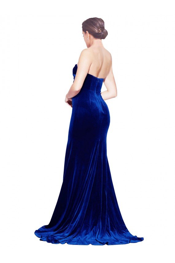 Shop Strapless Ruched Velvet Evening Dress with Sweep Train and Front Slit