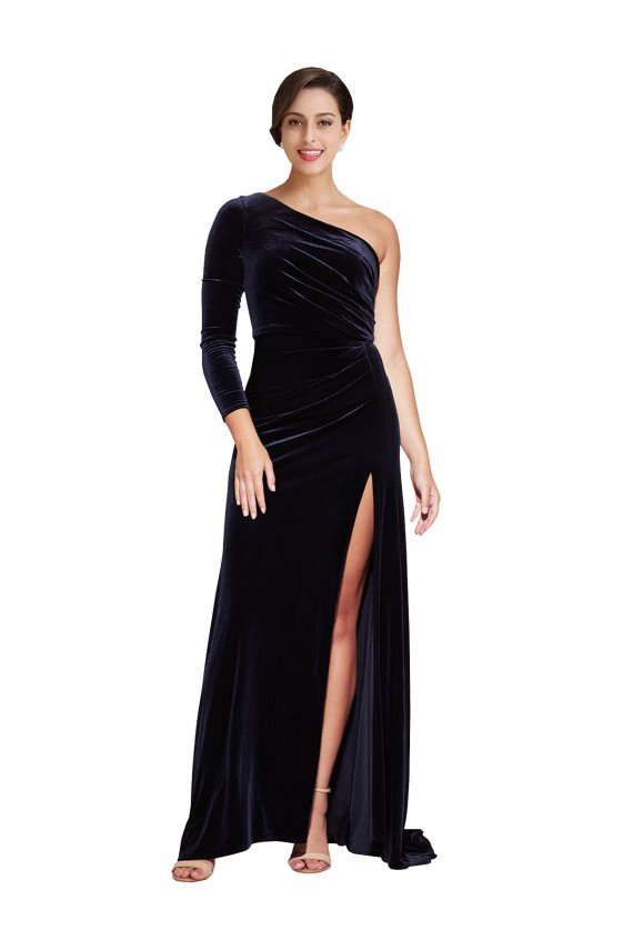 Shop One Sleeve Long Velvet Evening Dress with Thigh High Split