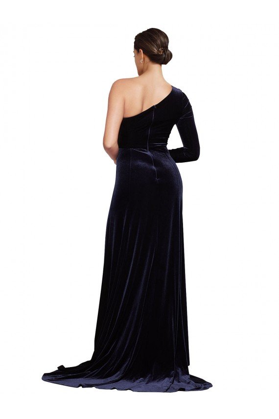 Shop One Sleeve Long Velvet Evening Dress with Thigh High Split